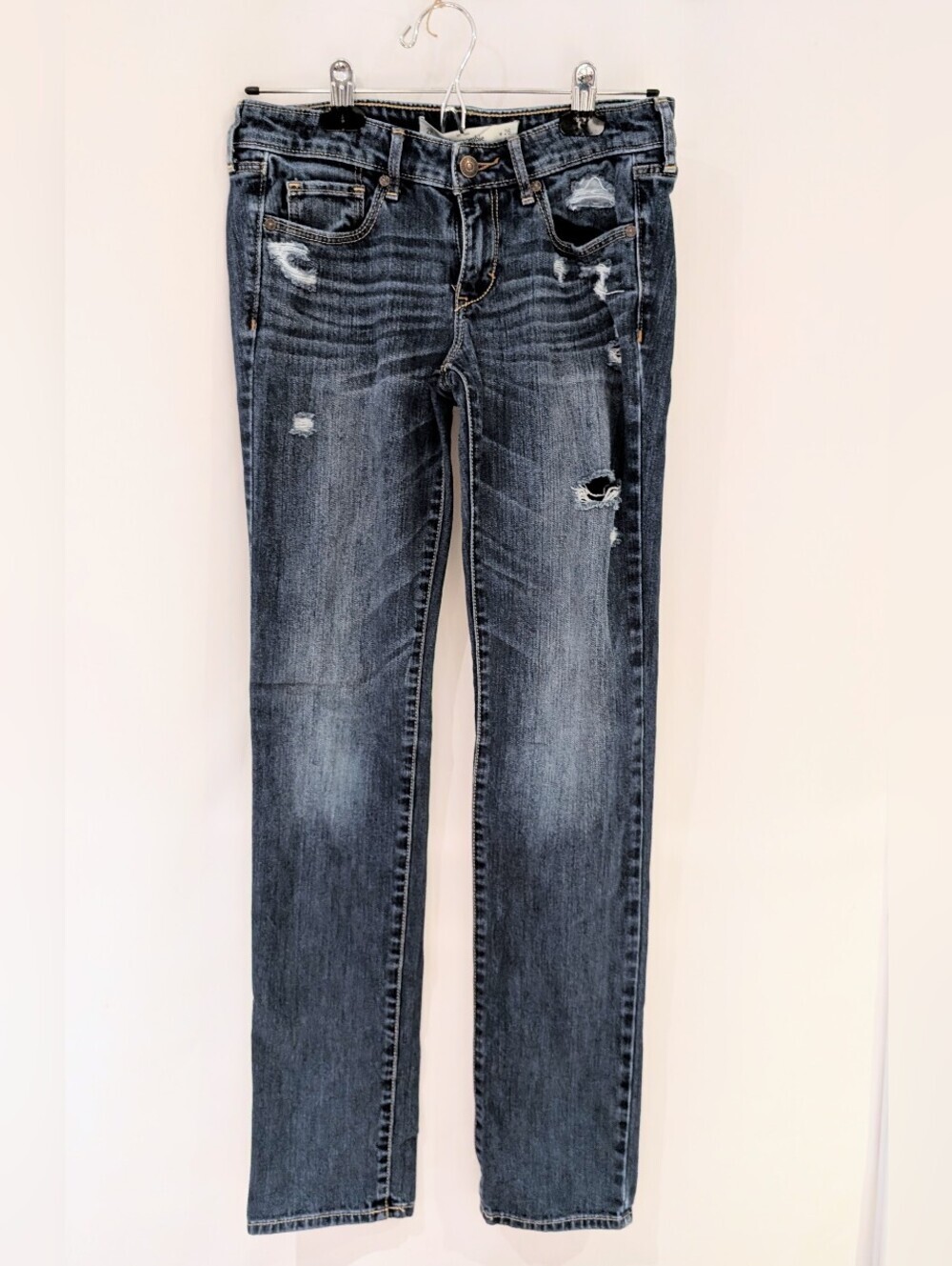 Abercrombie & Fitch Women's Distressed Slim Straight Dark Blue Jeans